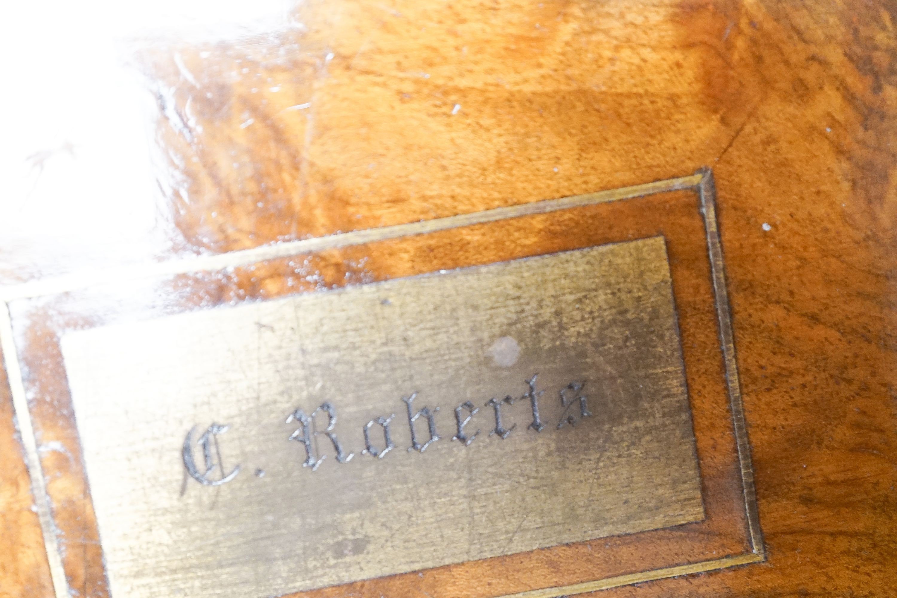 A Victorian burr walnut and leather writing slope, inlaid plaque for ‘C.Roberts’, 36 cm